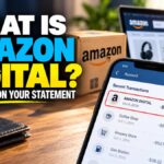 Phone showing an AMAZON DIGITAL charge in a bank's recent transactions, with an Amazon box and laptop in the background