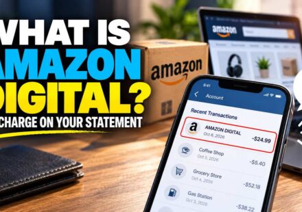 Phone showing an AMAZON DIGITAL charge in a bank's recent transactions, with an Amazon box and laptop in the background