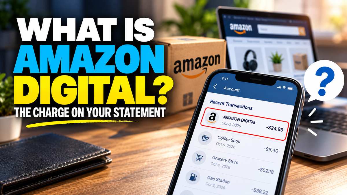 Phone showing an AMAZON DIGITAL charge in a bank's recent transactions, with an Amazon box and laptop in the background